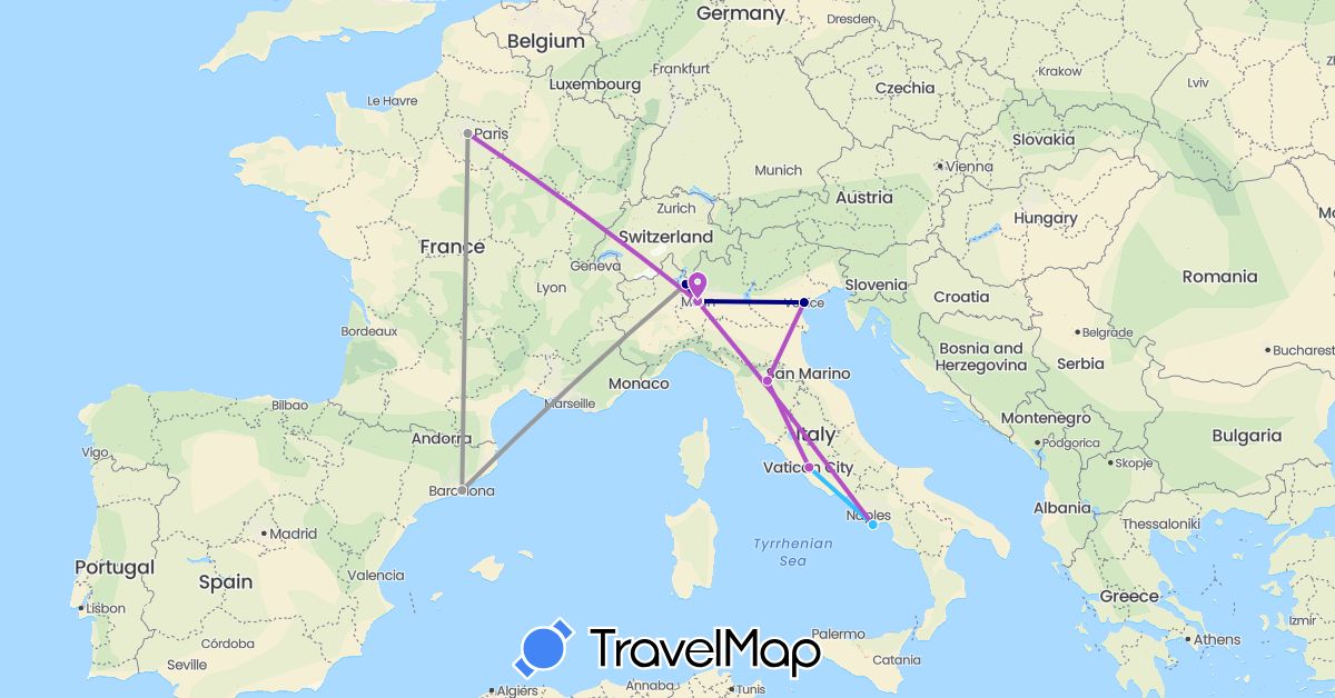 TravelMap itinerary: driving, plane, train, boat in Spain, France, Italy (Europe)